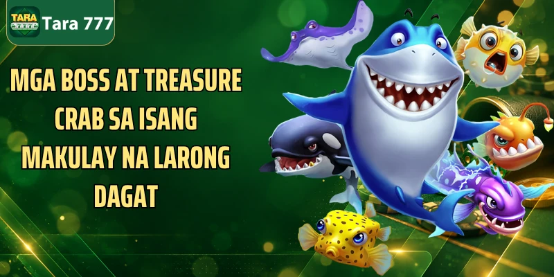 Mga boss at treasure crab sa isang makulay na larong dagat