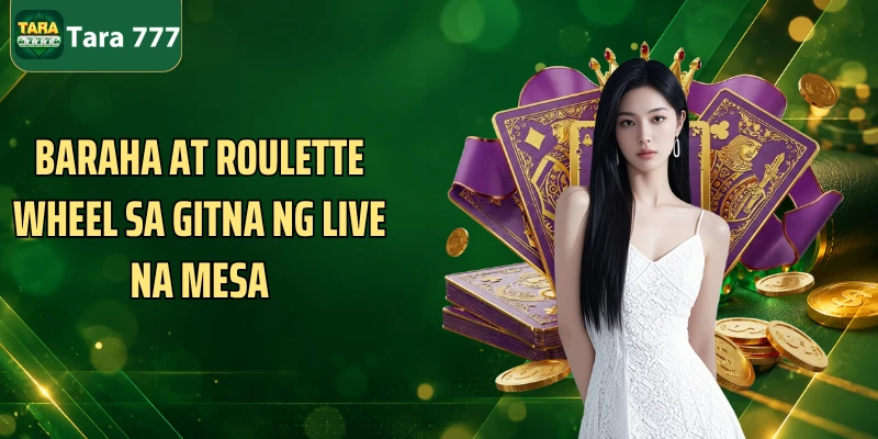 Baraha at roulette wheel sa gitna ng live na mesa