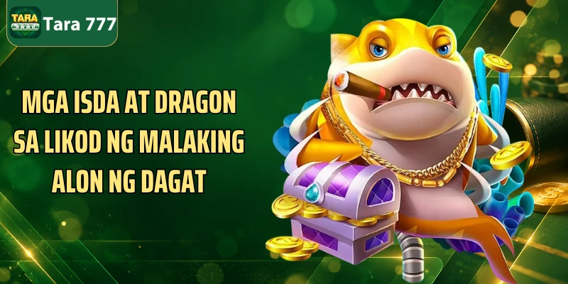 Mga isda at dragon sa likod ng malaking alon ng dagat